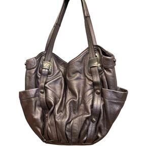 B. Makowsky metallic gray leather satchel handbag with silver hardware